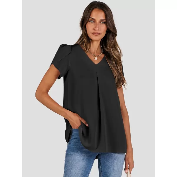 imageANRABESS Womens Summer Casual V Neck Short Sleeve Shirts Cute Dressy Chiffon Tunic Tops BlouseBlack