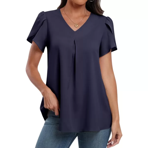 imageANRABESS Womens Summer Casual V Neck Short Sleeve Shirts Cute Dressy Chiffon Tunic Tops BlouseNavy Blue
