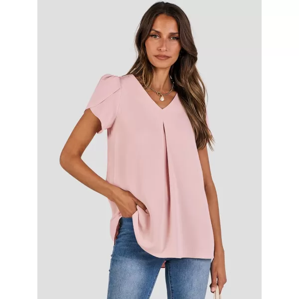 imageANRABESS Womens Summer Casual V Neck Short Sleeve Shirts Cute Dressy Chiffon Tunic Tops BlousePink
