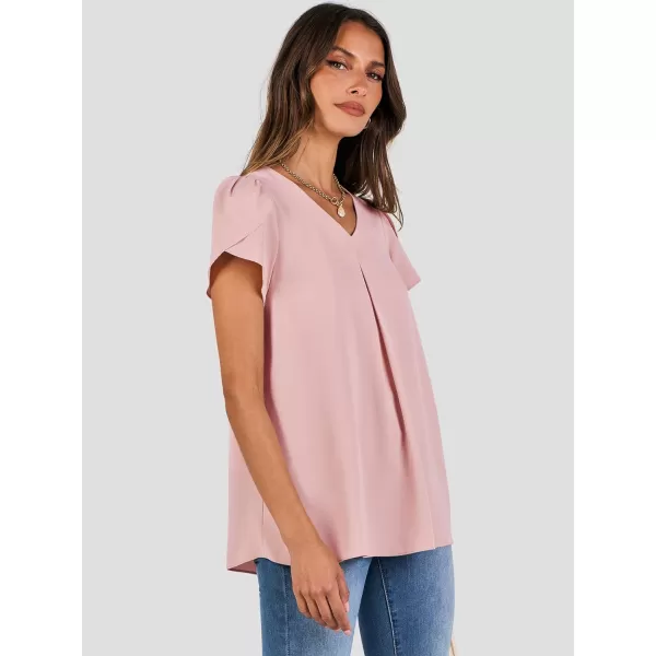 imageANRABESS Womens Summer Casual V Neck Short Sleeve Shirts Cute Dressy Chiffon Tunic Tops BlousePink