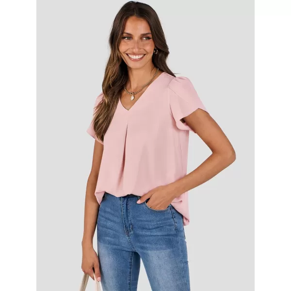 imageANRABESS Womens Summer Casual V Neck Short Sleeve Shirts Cute Dressy Chiffon Tunic Tops BlousePink