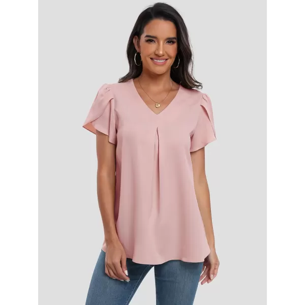 imageANRABESS Womens Summer Casual V Neck Short Sleeve Shirts Cute Dressy Chiffon Tunic Tops BlousePink