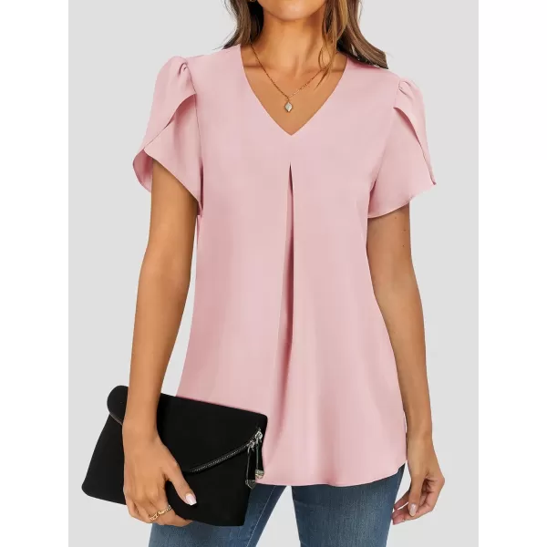 imageANRABESS Womens Summer Casual V Neck Short Sleeve Shirts Cute Dressy Chiffon Tunic Tops BlousePink