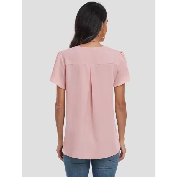 imageANRABESS Womens Summer Casual V Neck Short Sleeve Shirts Cute Dressy Chiffon Tunic Tops BlousePink