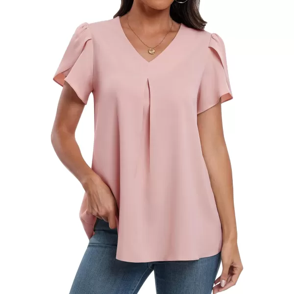 imageANRABESS Womens Summer Casual V Neck Short Sleeve Shirts Cute Dressy Chiffon Tunic Tops BlousePink