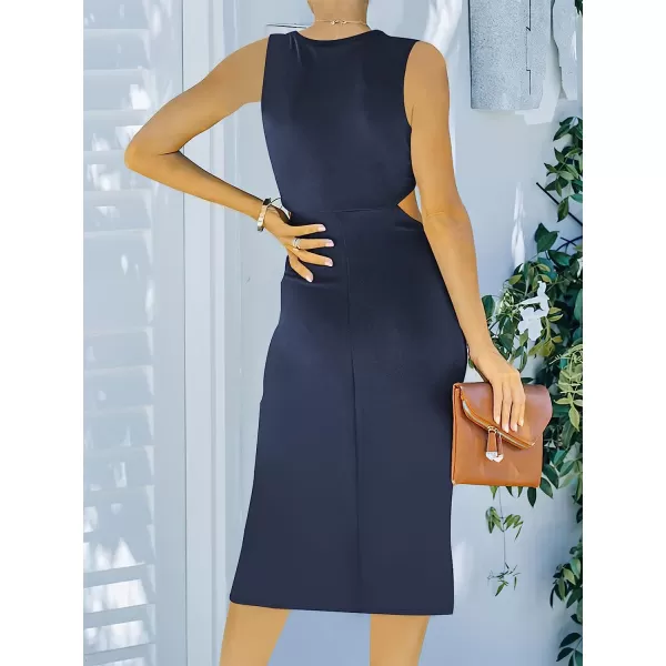 imageANRABESS Womens Summer Crew Neck Sleeveless Cutout Twist Knee Length Bodycon Midi Dress02navy Blue