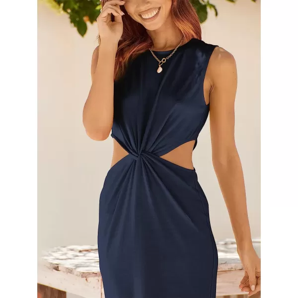 imageANRABESS Womens Summer Crew Neck Sleeveless Cutout Twist Knee Length Bodycon Midi Dress02navy Blue
