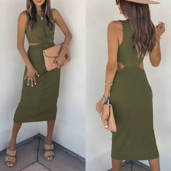 imageANRABESS Womens Summer Crew Neck Sleeveless Cutout Twist Knee Length Bodycon Midi Dress03army Green