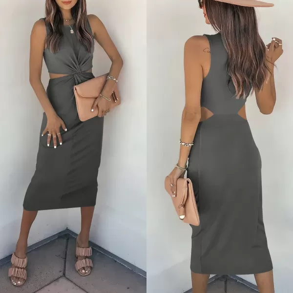 imageANRABESS Womens Summer Crew Neck Sleeveless Cutout Twist Knee Length Bodycon Midi Dress04dark Grey