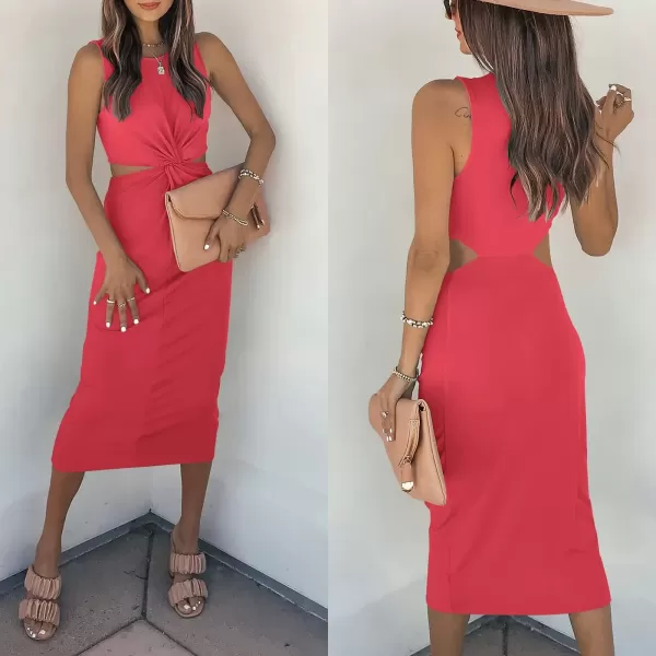 imageANRABESS Womens Summer Crew Neck Sleeveless Cutout Twist Knee Length Bodycon Midi Dress05bright Red