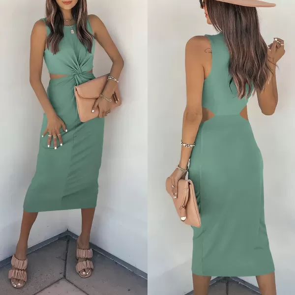 imageANRABESS Womens Summer Crew Neck Sleeveless Cutout Twist Knee Length Bodycon Midi Dress06lime Green