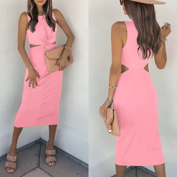imageANRABESS Womens Summer Crew Neck Sleeveless Cutout Twist Knee Length Bodycon Midi Dress07pink