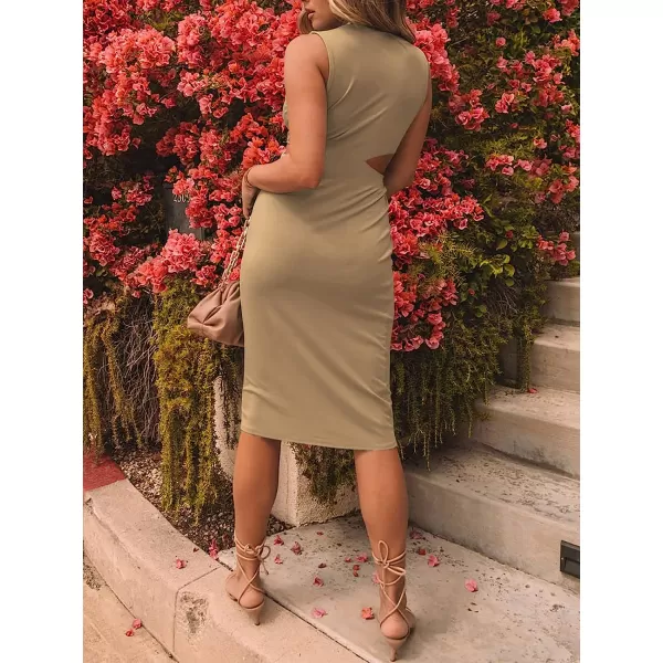 imageANRABESS Womens Summer Crew Neck Sleeveless Cutout Twist Knee Length Bodycon Midi Dress08khaki