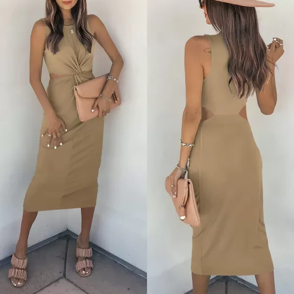 imageANRABESS Womens Summer Crew Neck Sleeveless Cutout Twist Knee Length Bodycon Midi Dress08khaki