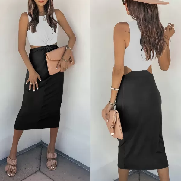 imageANRABESS Womens Summer Crew Neck Sleeveless Cutout Twist Knee Length Bodycon Midi Dress09whiteblack