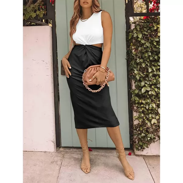 imageANRABESS Womens Summer Crew Neck Sleeveless Cutout Twist Knee Length Bodycon Midi Dress09whiteblack