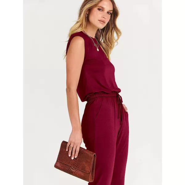 imageANRABESS Womens Summer Crewneck Sleeveless Casual Loose Stretchy Jumpsuits Rompers with PocketsWine Red