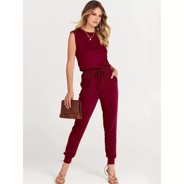imageANRABESS Womens Summer Crewneck Sleeveless Casual Loose Stretchy Jumpsuits Rompers with PocketsWine Red