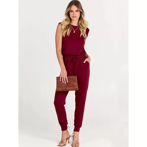 imageANRABESS Womens Summer Crewneck Sleeveless Casual Loose Stretchy Jumpsuits Rompers with PocketsWine Red