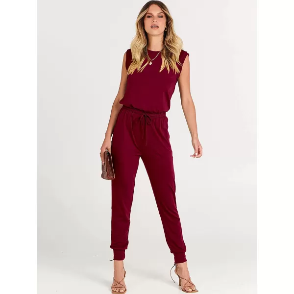 imageANRABESS Womens Summer Crewneck Sleeveless Casual Loose Stretchy Jumpsuits Rompers with PocketsWine Red