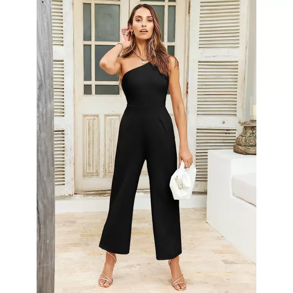 imageANRABESS Womens Summer Dressy One Shoulder Sleeveless Bodycon Backless Casual Wide Leg Jumpsuit Romper with PocketsBlack