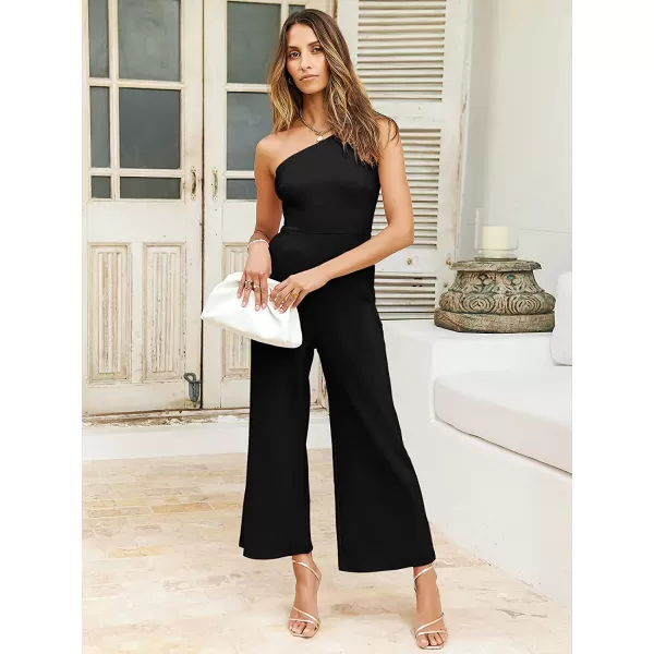 imageANRABESS Womens Summer Dressy One Shoulder Sleeveless Bodycon Backless Casual Wide Leg Jumpsuit Romper with PocketsBlack