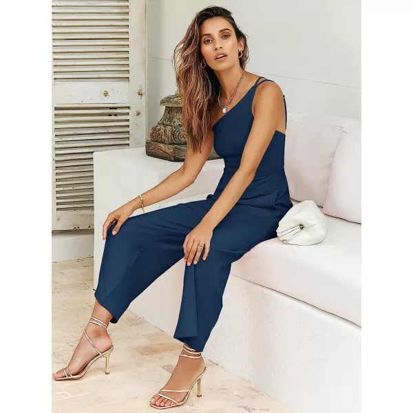 imageANRABESS Womens Summer Dressy One Shoulder Sleeveless Bodycon Backless Casual Wide Leg Jumpsuit Romper with PocketsDeep Blue