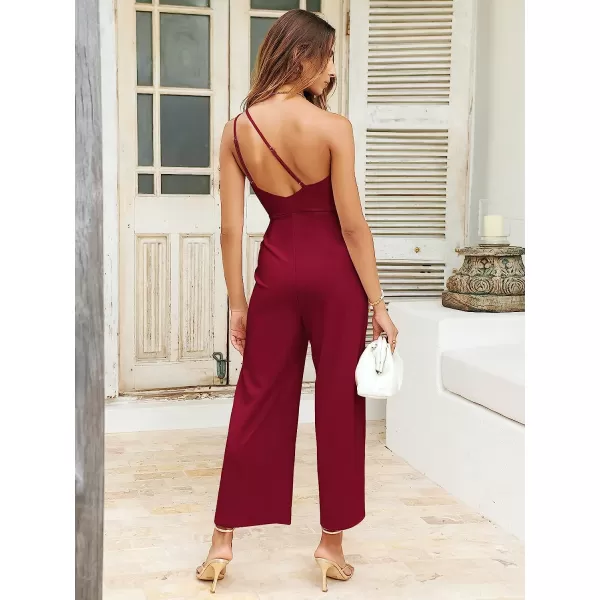 imageANRABESS Womens Summer Dressy One Shoulder Sleeveless Bodycon Backless Casual Wide Leg Jumpsuit Romper with PocketsRed