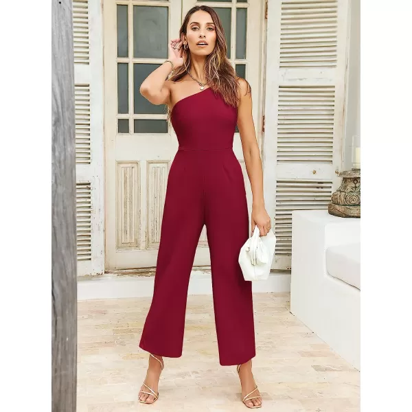 imageANRABESS Womens Summer Dressy One Shoulder Sleeveless Bodycon Backless Casual Wide Leg Jumpsuit Romper with PocketsRed