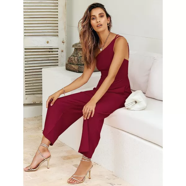 imageANRABESS Womens Summer Dressy One Shoulder Sleeveless Bodycon Backless Casual Wide Leg Jumpsuit Romper with PocketsRed