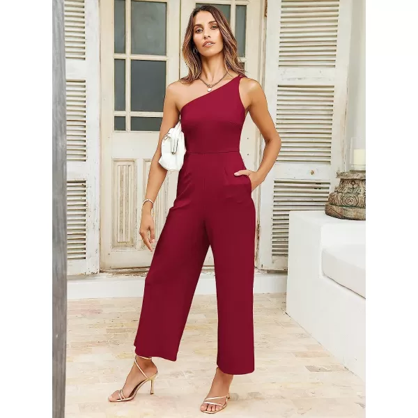imageANRABESS Womens Summer Dressy One Shoulder Sleeveless Bodycon Backless Casual Wide Leg Jumpsuit Romper with PocketsRed