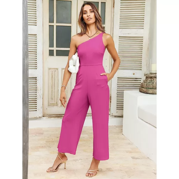 imageANRABESS Womens Summer Dressy One Shoulder Sleeveless Bodycon Backless Casual Wide Leg Jumpsuit Romper with PocketsRose