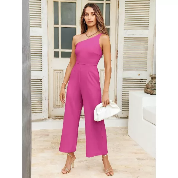 imageANRABESS Womens Summer Dressy One Shoulder Sleeveless Bodycon Backless Casual Wide Leg Jumpsuit Romper with PocketsRose