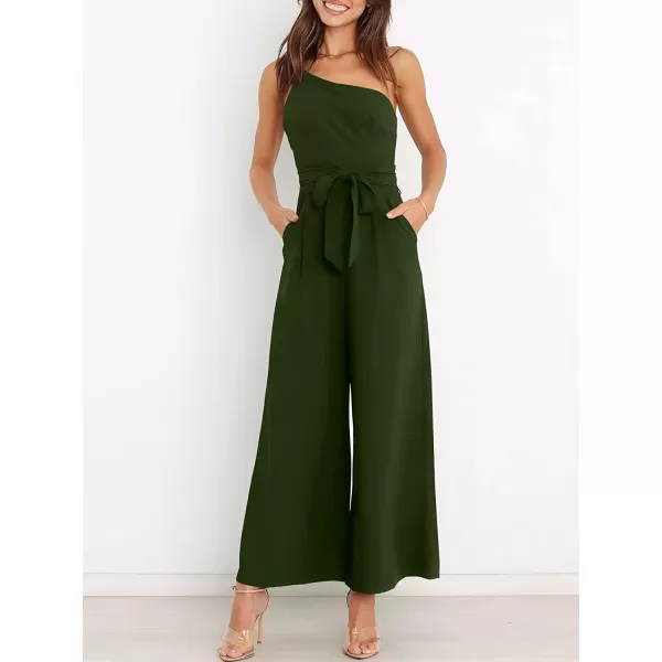 imageANRABESS Womens Summer Dressy One Shoulder Sleeveless Tie Waist Backless Casual Wide Leg Jumpsuit Rompers PocketsArmy Green