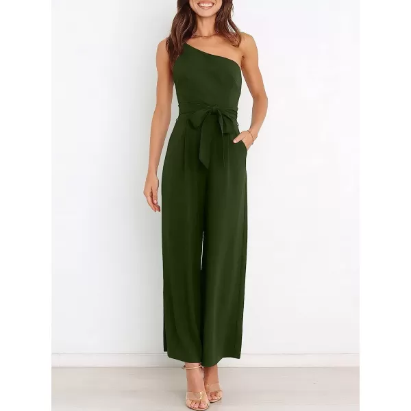 imageANRABESS Womens Summer Dressy One Shoulder Sleeveless Tie Waist Backless Casual Wide Leg Jumpsuit Rompers PocketsArmy Green