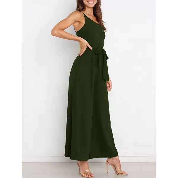 imageANRABESS Womens Summer Dressy One Shoulder Sleeveless Tie Waist Backless Casual Wide Leg Jumpsuit Rompers PocketsArmy Green