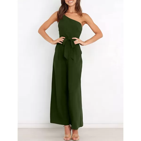 imageANRABESS Womens Summer Dressy One Shoulder Sleeveless Tie Waist Backless Casual Wide Leg Jumpsuit Rompers PocketsArmy Green