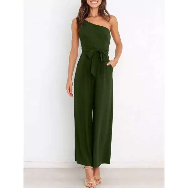 imageANRABESS Womens Summer Dressy One Shoulder Sleeveless Tie Waist Backless Casual Wide Leg Jumpsuit Rompers PocketsArmy Green