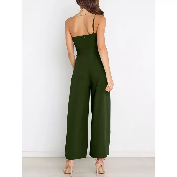 imageANRABESS Womens Summer Dressy One Shoulder Sleeveless Tie Waist Backless Casual Wide Leg Jumpsuit Rompers PocketsArmy Green