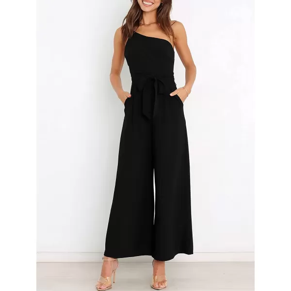 imageANRABESS Womens Summer Dressy One Shoulder Sleeveless Tie Waist Backless Casual Wide Leg Jumpsuit Rompers PocketsBlack