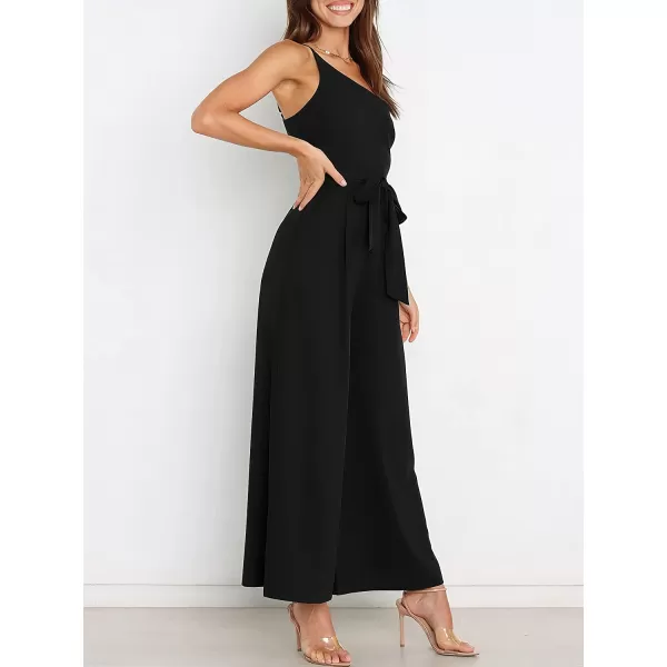 imageANRABESS Womens Summer Dressy One Shoulder Sleeveless Tie Waist Backless Casual Wide Leg Jumpsuit Rompers PocketsBlack
