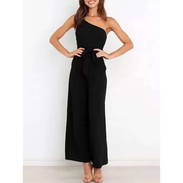 imageANRABESS Womens Summer Dressy One Shoulder Sleeveless Tie Waist Backless Casual Wide Leg Jumpsuit Rompers PocketsBlack