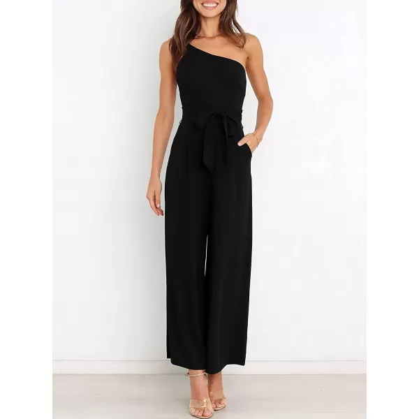 imageANRABESS Womens Summer Dressy One Shoulder Sleeveless Tie Waist Backless Casual Wide Leg Jumpsuit Rompers PocketsBlack