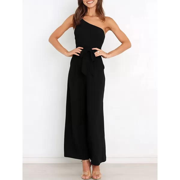 imageANRABESS Womens Summer Dressy One Shoulder Sleeveless Tie Waist Backless Casual Wide Leg Jumpsuit Rompers PocketsBlack