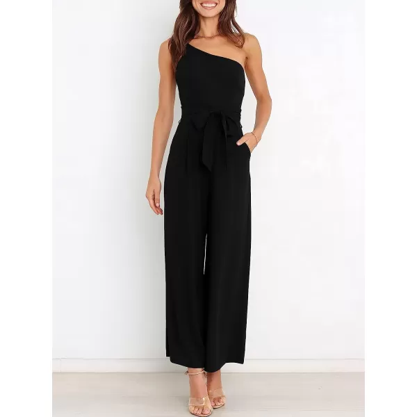 imageANRABESS Womens Summer Dressy One Shoulder Sleeveless Tie Waist Backless Casual Wide Leg Jumpsuit Rompers PocketsBlack