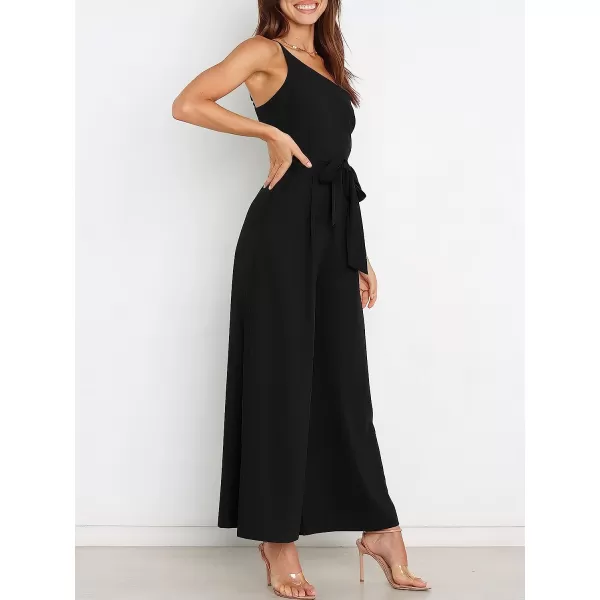 imageANRABESS Womens Summer Dressy One Shoulder Sleeveless Tie Waist Backless Casual Wide Leg Jumpsuit Rompers PocketsBlack