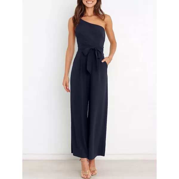 imageANRABESS Womens Summer Dressy One Shoulder Sleeveless Tie Waist Backless Casual Wide Leg Jumpsuit Rompers PocketsDark Blue