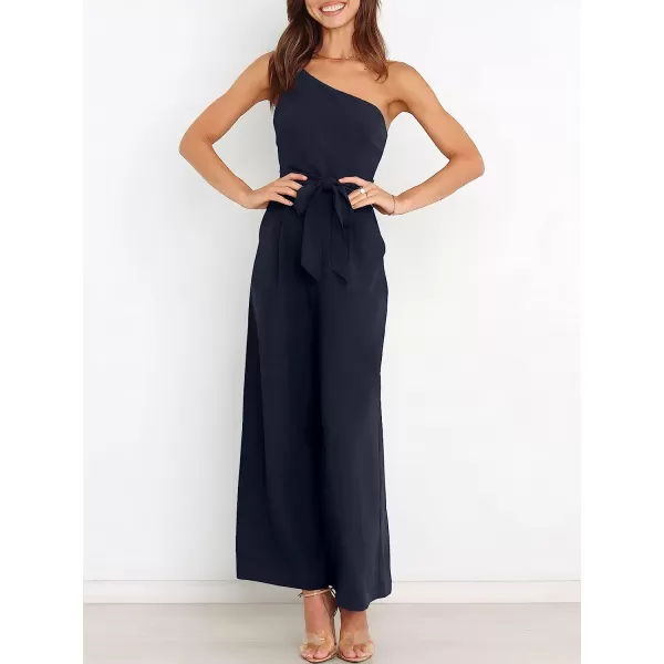 imageANRABESS Womens Summer Dressy One Shoulder Sleeveless Tie Waist Backless Casual Wide Leg Jumpsuit Rompers PocketsDark Blue