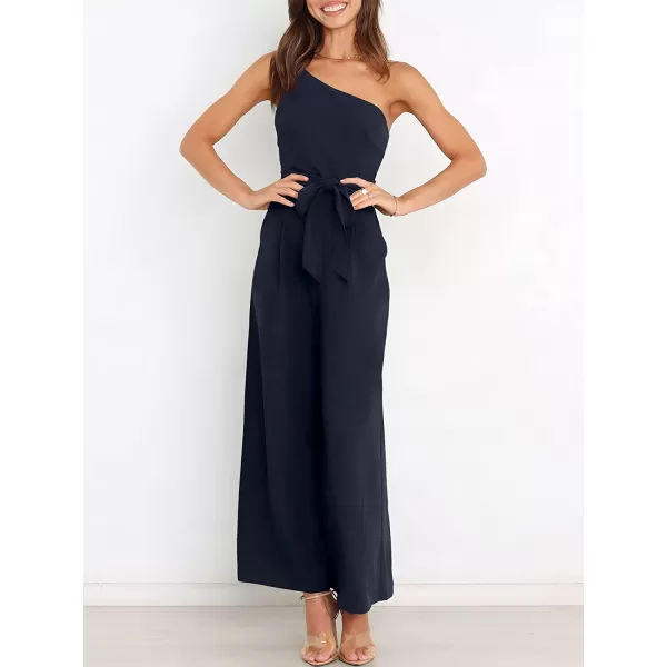 imageANRABESS Womens Summer Dressy One Shoulder Sleeveless Tie Waist Backless Casual Wide Leg Jumpsuit Rompers PocketsDark Blue