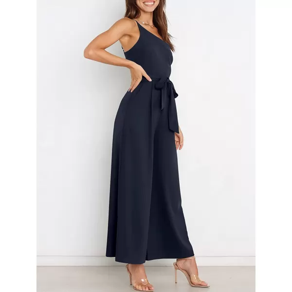 imageANRABESS Womens Summer Dressy One Shoulder Sleeveless Tie Waist Backless Casual Wide Leg Jumpsuit Rompers PocketsDark Blue